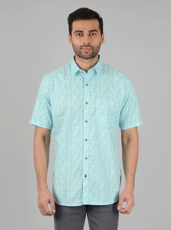 Teal Blue Slim Fit Printed Casual Shirt | Greenfibre