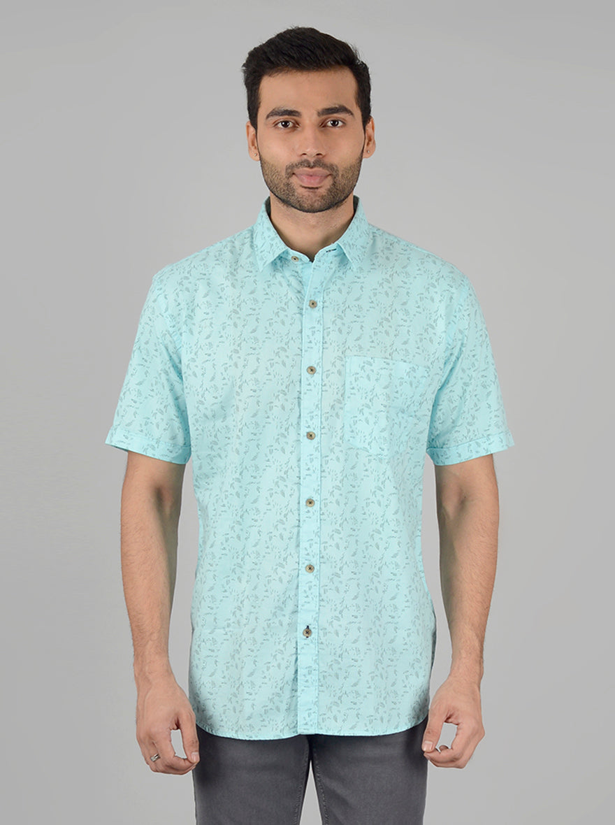 Teal Blue Slim Fit Printed Casual Shirt | Greenfibre