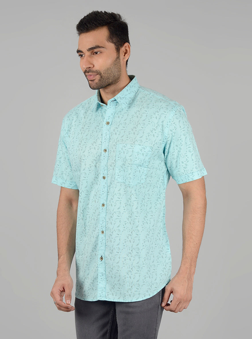 Teal Blue Slim Fit Printed Casual Shirt | Greenfibre