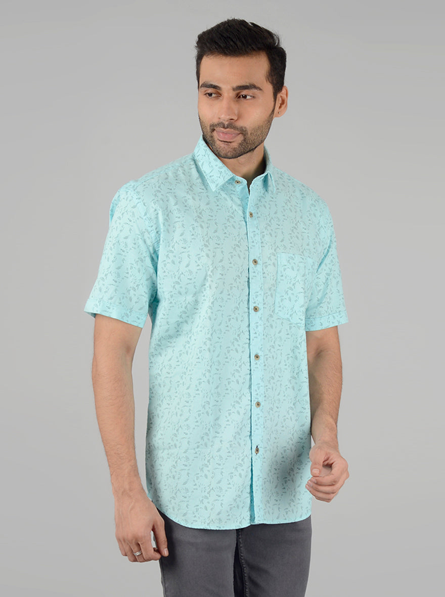 Teal Blue Slim Fit Printed Casual Shirt | Greenfibre