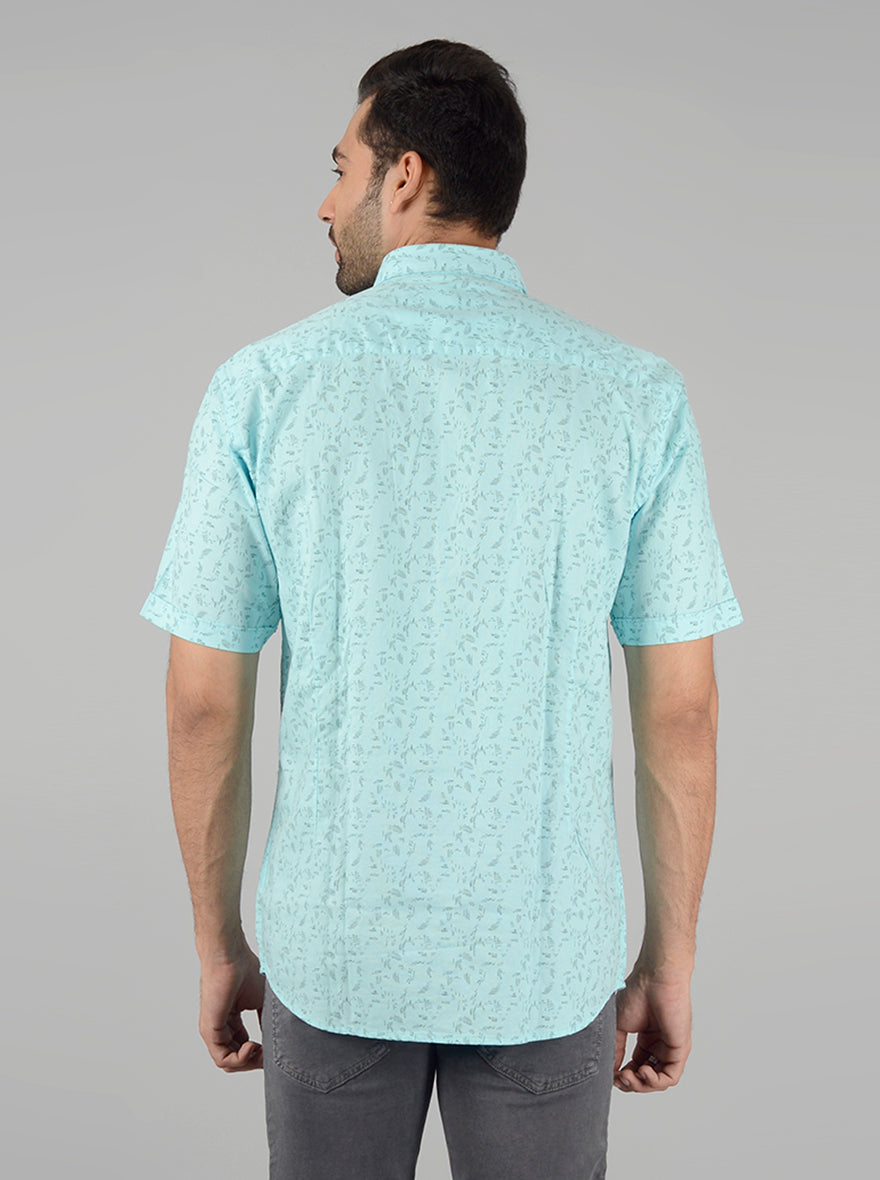 Teal Blue Slim Fit Printed Casual Shirt | Greenfibre