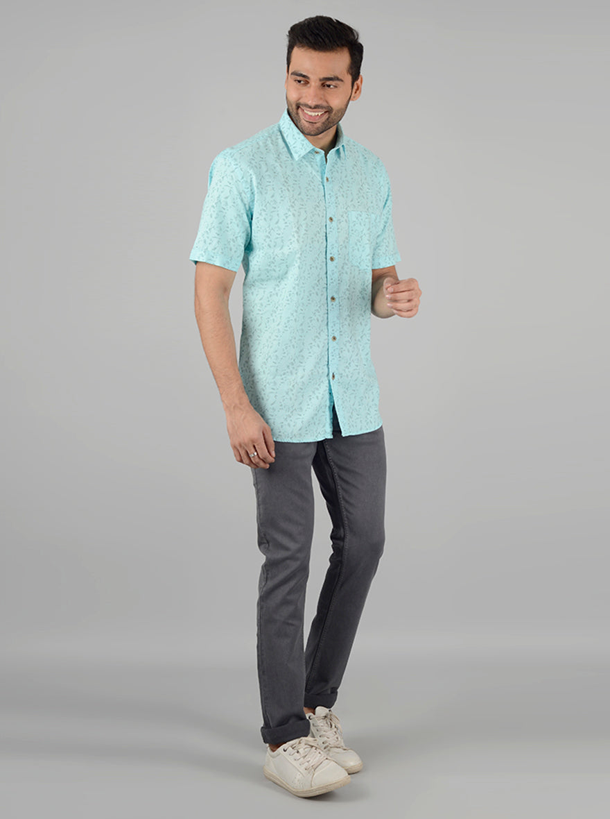 Teal Blue Slim Fit Printed Casual Shirt | Greenfibre