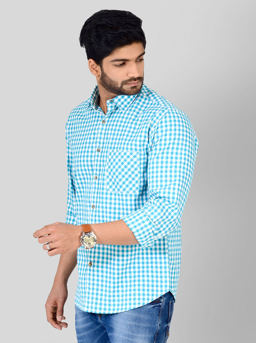 Aqua Blue & White Checked Slim Fit Casual Shirt | Greenfibre