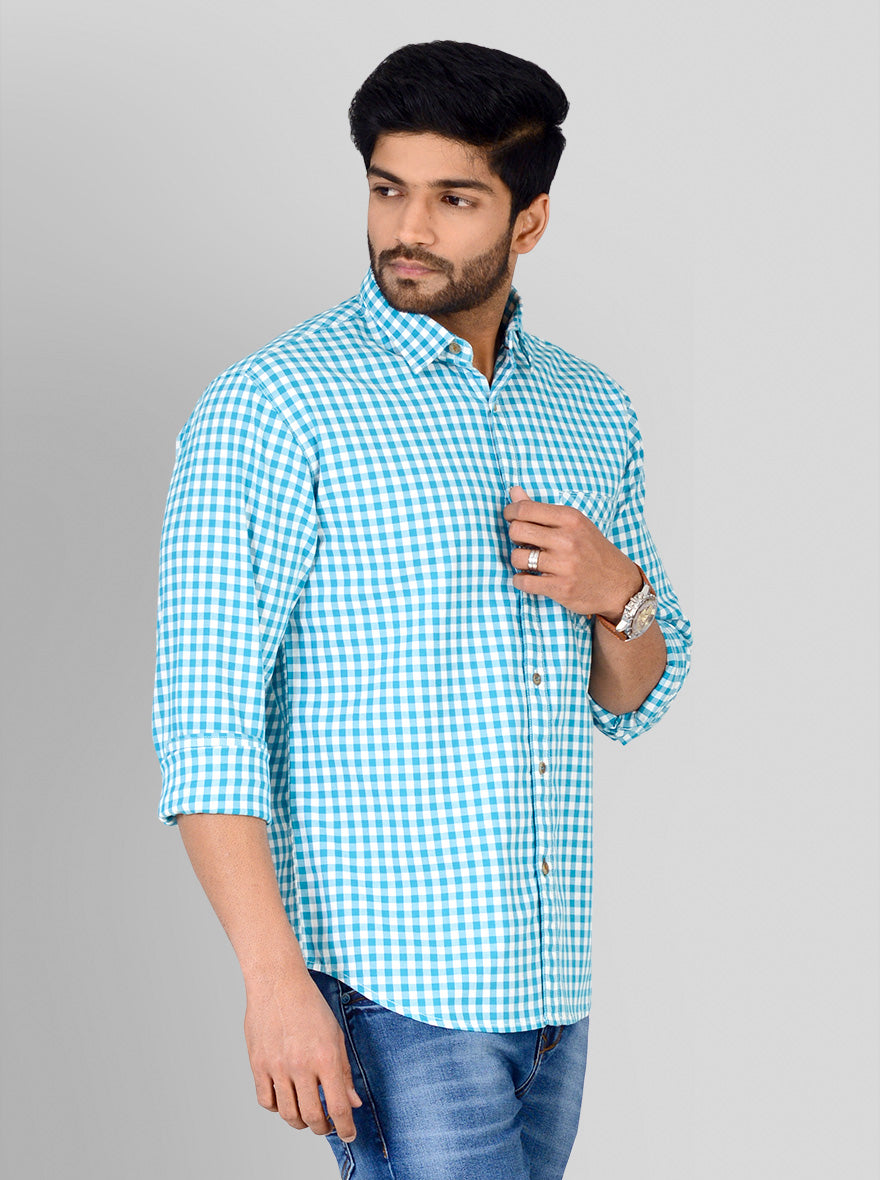 Aqua Blue & White Checked Slim Fit Casual Shirt | Greenfibre