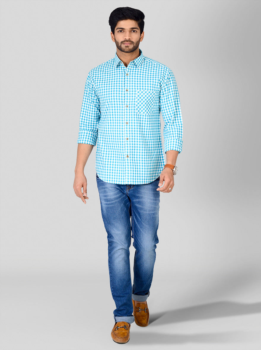 Aqua Blue & White Checked Slim Fit Casual Shirt | Greenfibre