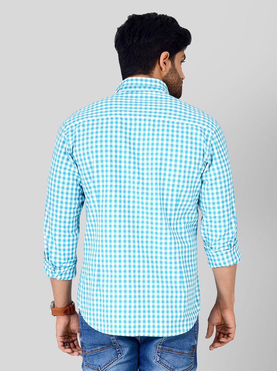 Aqua Blue & White Checked Slim Fit Casual Shirt | Greenfibre