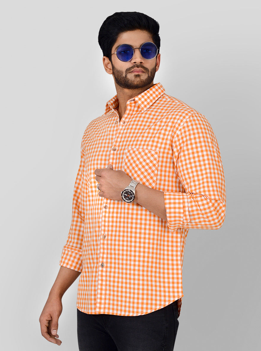 Melon Orange & White Checked Slim Fit Casual Shirt | Greenfibre