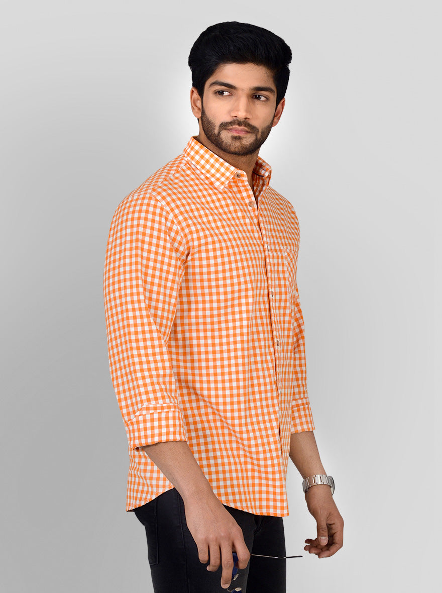 Melon Orange & White Checked Slim Fit Casual Shirt | Greenfibre