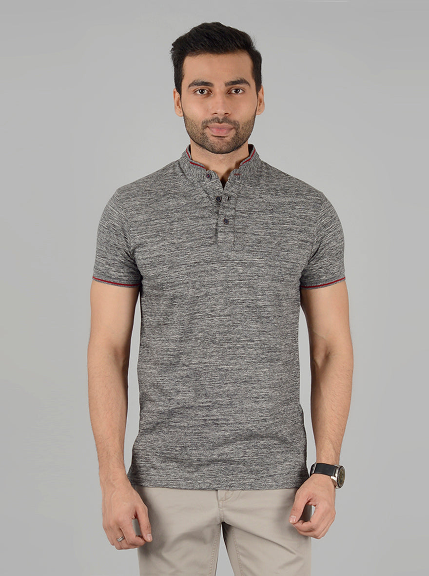 Grey Self Textured Slim Fit Polo T-Shirt | JB Sport