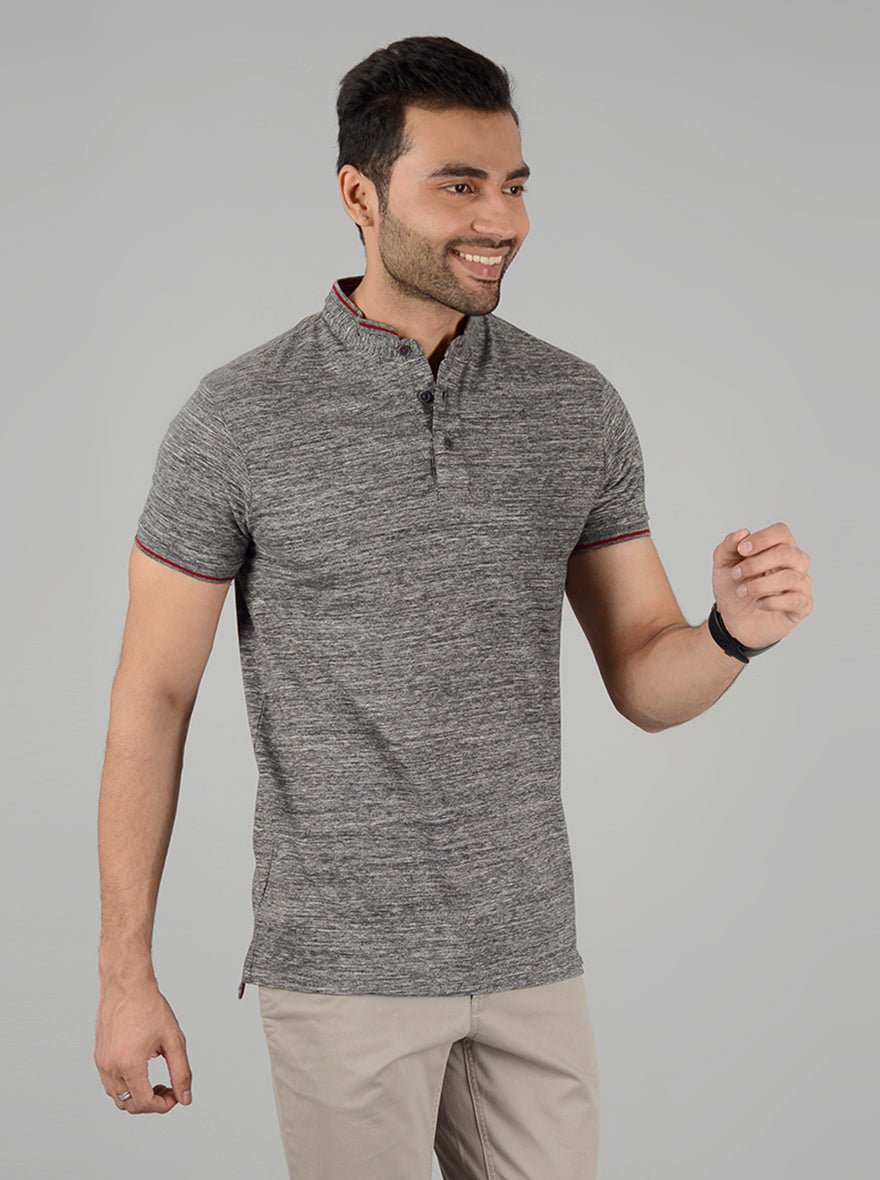 Grey Self Textured Slim Fit Polo T-Shirt | JB Sport