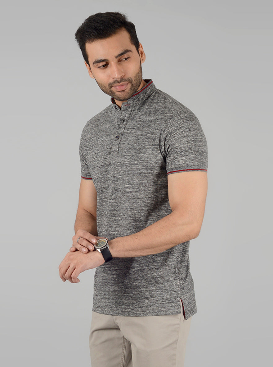 Grey Self Textured Slim Fit Polo T-Shirt | JB Sport