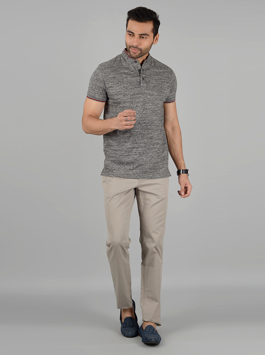 Grey Self Textured Slim Fit Polo T-Shirt | JB Sport