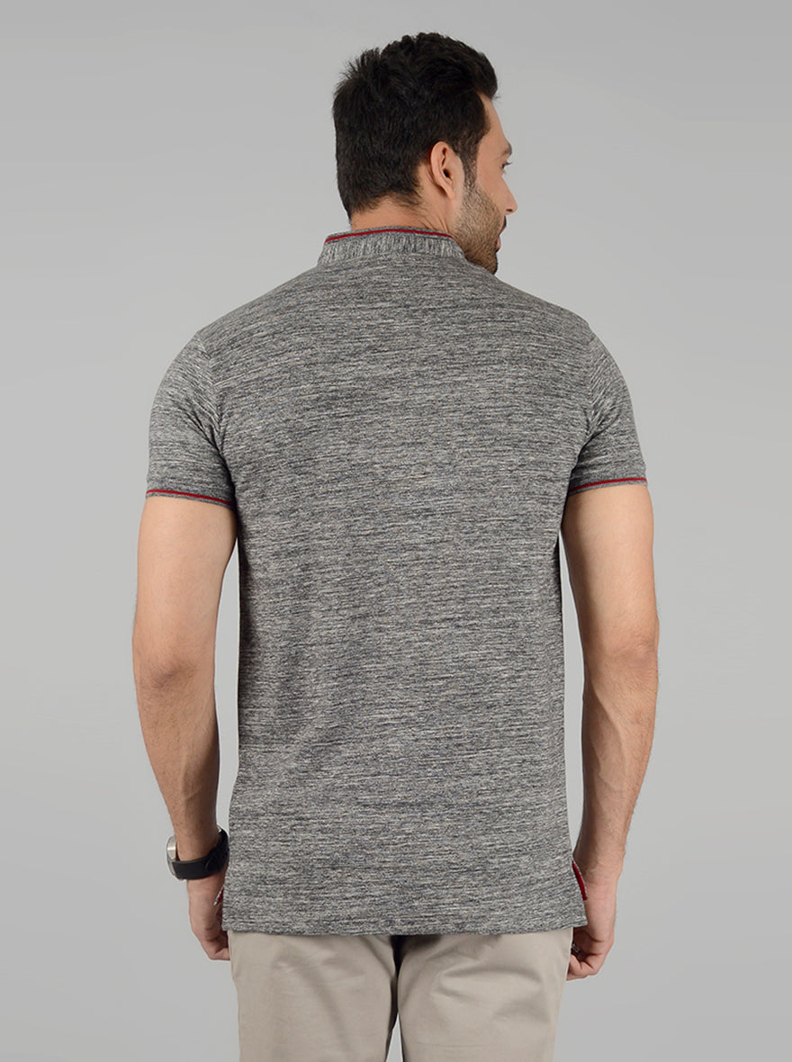 Grey Self Textured Slim Fit Polo T-Shirt | JB Sport