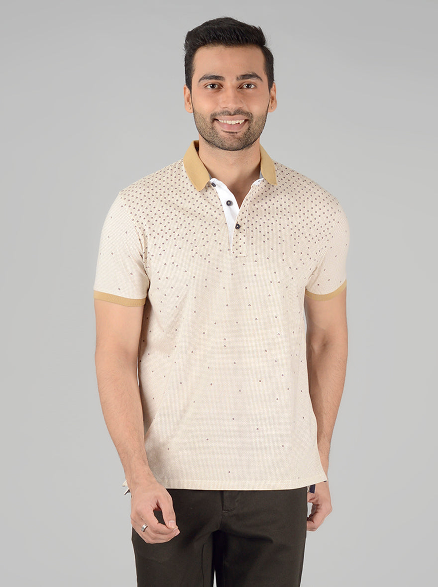 Cream Printed Slim Fit Polo T-Shirt | JB Sport