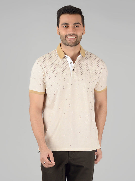 Cream Printed Slim Fit Polo T-Shirt | JB Sport