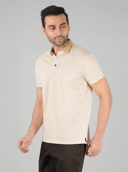 Cream Printed Slim Fit Polo T-Shirt | JB Sport