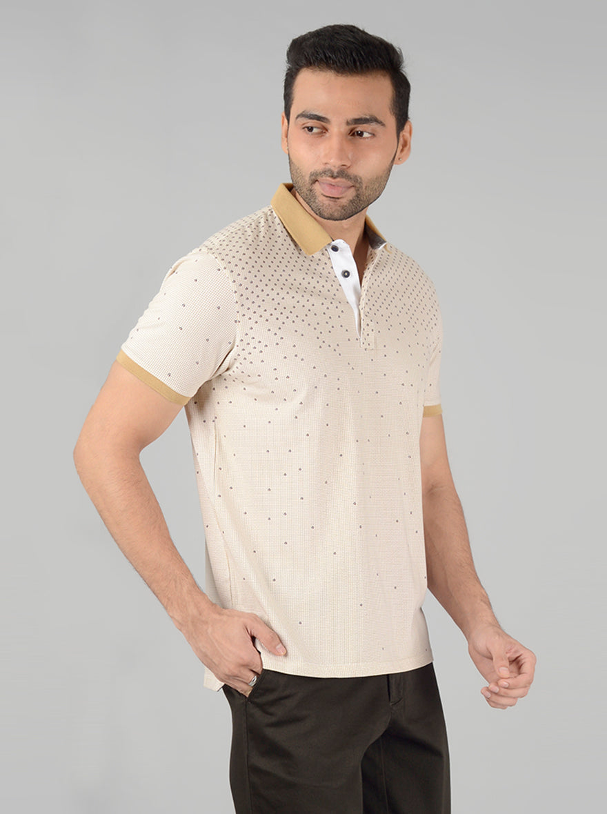 Cream Printed Slim Fit Polo T-Shirt | JB Sport