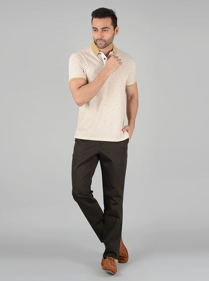 Cream Printed Slim Fit Polo T-Shirt | JB Sport