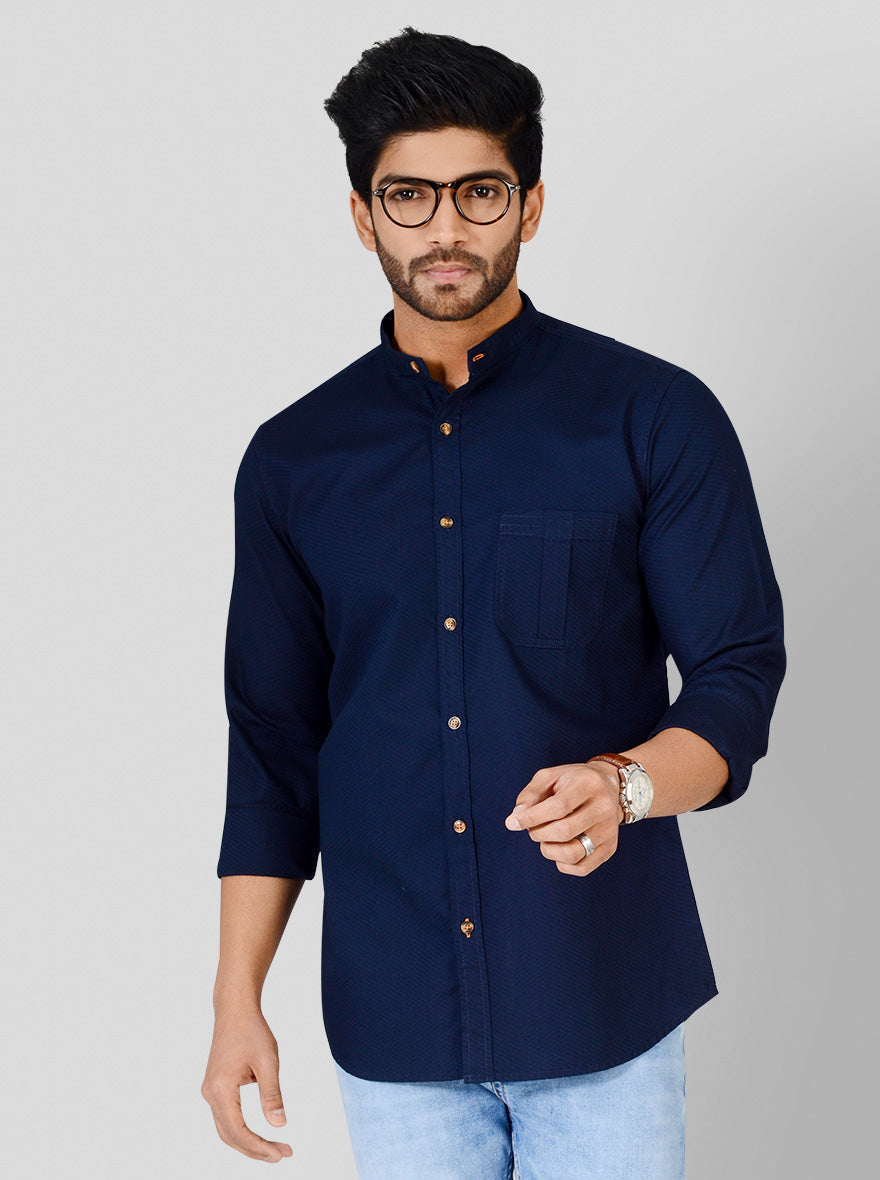Navy Blue Self Textured Slim Fit Casual Shirt | JB Sport
