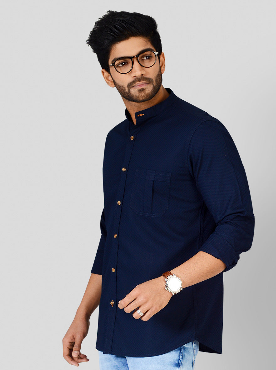 Navy Blue Self Textured Slim Fit Casual Shirt | JB Sport