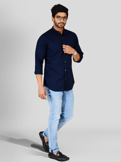 Navy Blue Self Textured Slim Fit Casual Shirt | JB Sport