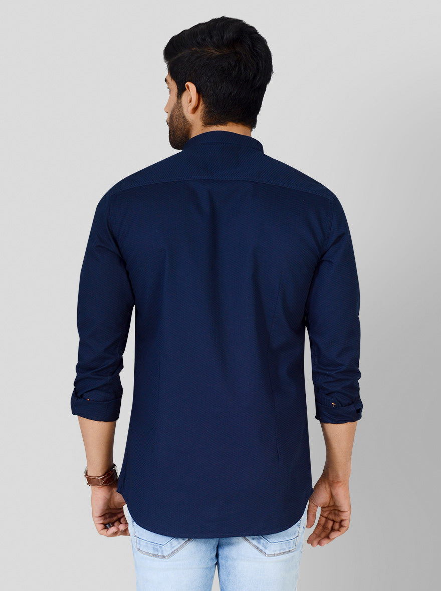 Navy Blue Self Textured Slim Fit Casual Shirt | JB Sport