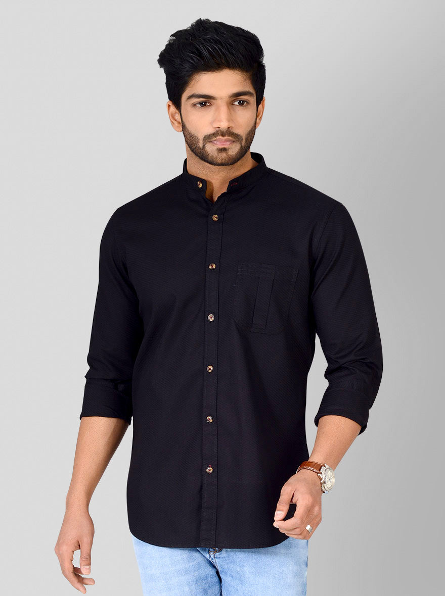 Black Self Textured Slim Fit Casual Shirt | JB Sport