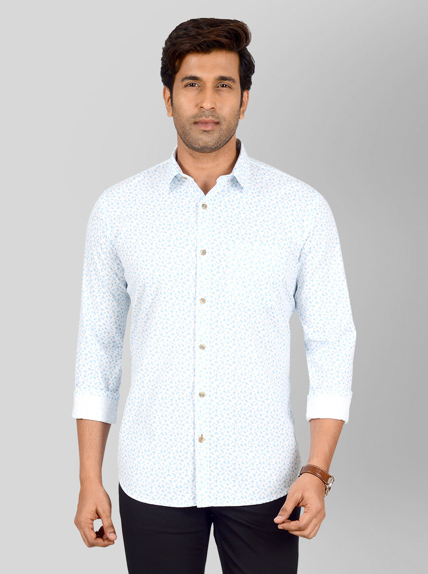 Mist Blue & White Printed Smart Fit Casual Shirt | Greenfibre