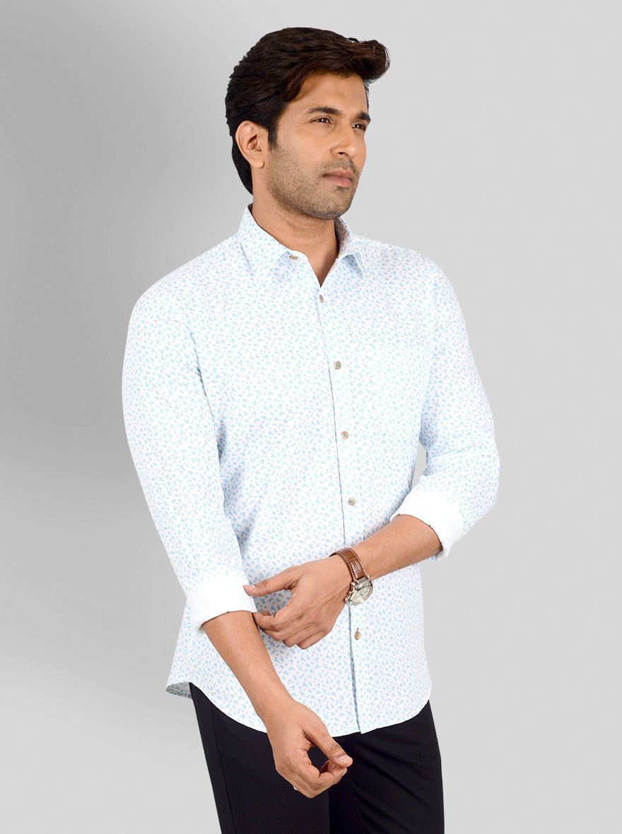 Mist Blue & White Printed Smart Fit Casual Shirt | Greenfibre