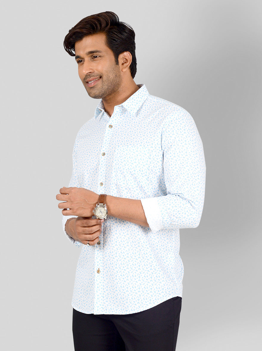 Mist Blue & White Printed Smart Fit Casual Shirt | Greenfibre