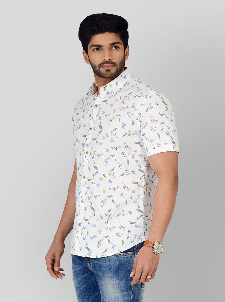 White Printed Slim Fit Casual Shirt | Greenfibre