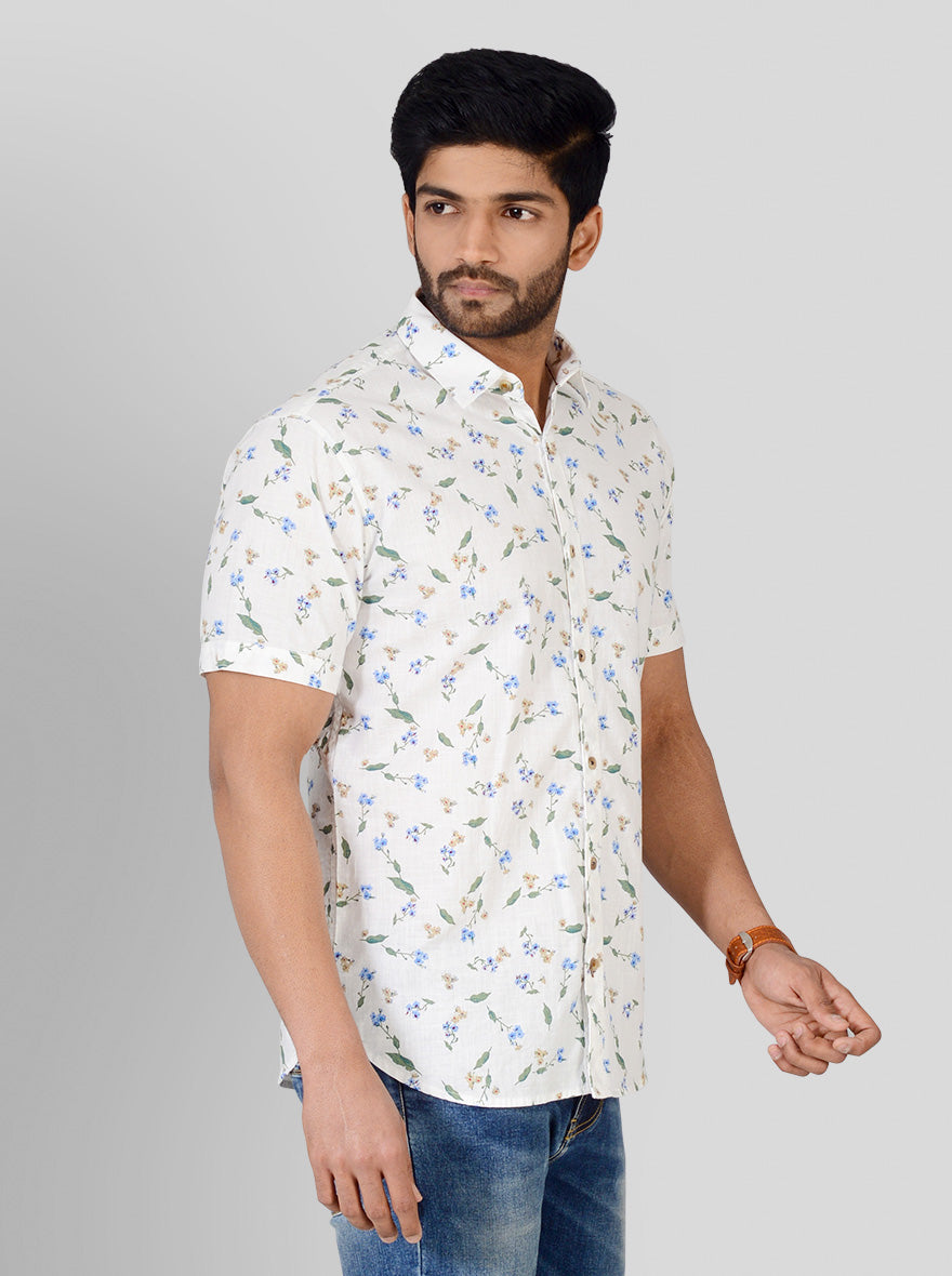 White Printed Slim Fit Casual Shirt | Greenfibre