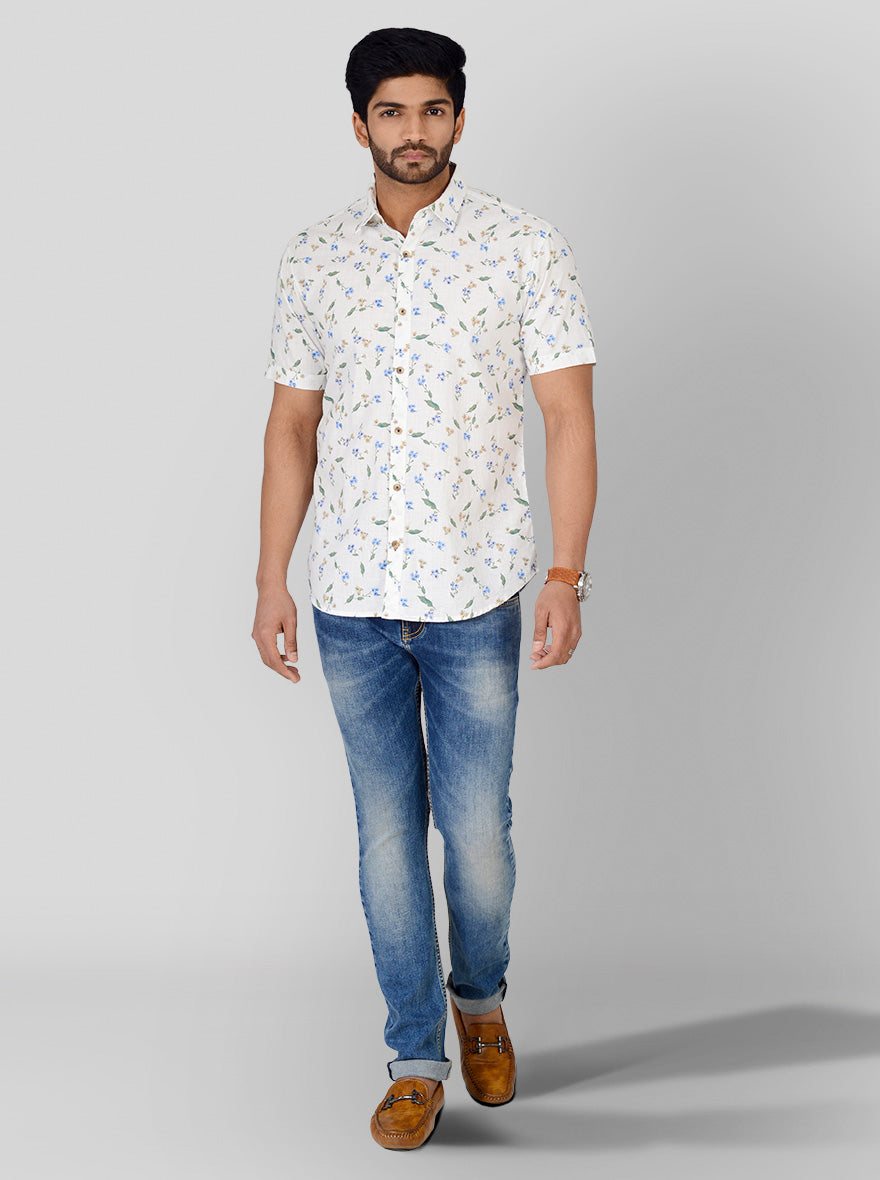 White Printed Slim Fit Casual Shirt | Greenfibre