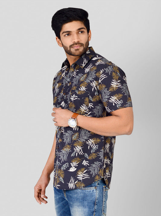 Charcoal Grey Printed Slim Fit Casual Shirt | Greenfibre