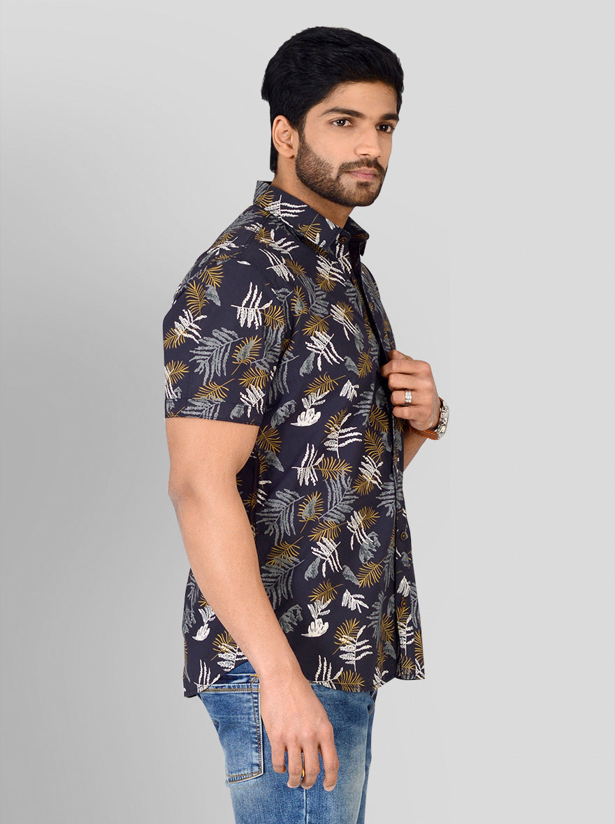 Charcoal Grey Printed Slim Fit Casual Shirt | Greenfibre