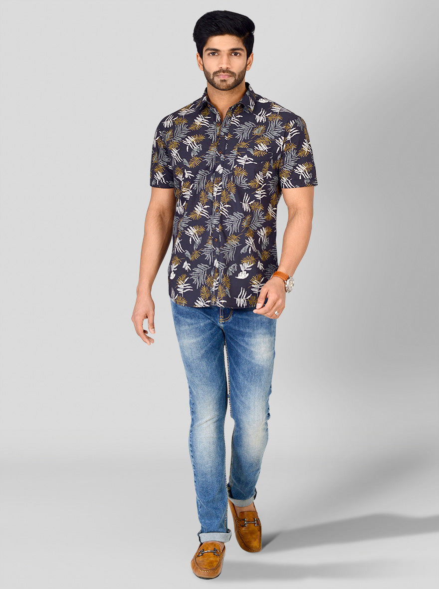 Charcoal Grey Printed Slim Fit Casual Shirt | Greenfibre