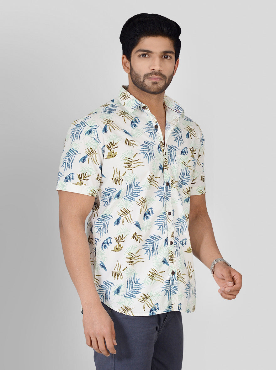 White Printed Slim Fit Casual Shirt | Greenfibre