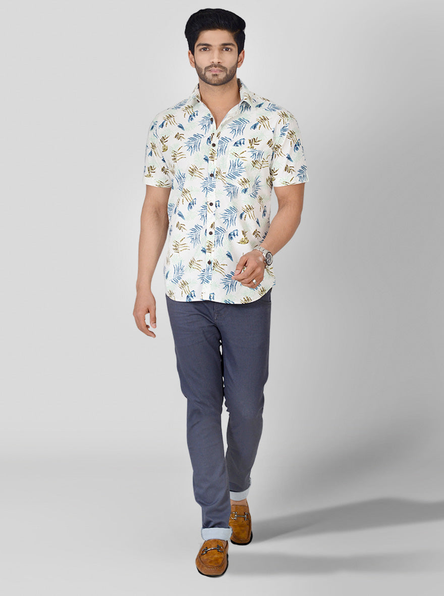 White Printed Slim Fit Casual Shirt | Greenfibre