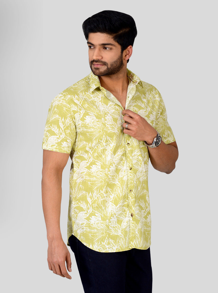 Leaf Green Printed Slim Fit Casual Shirt | Greenfibre