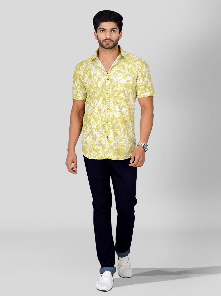 Leaf Green Printed Slim Fit Casual Shirt | Greenfibre