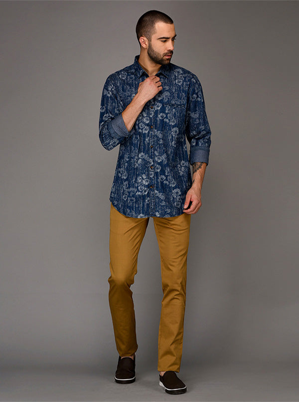 Greenfibre Khaki Printed Slim Fit Casual Trouser