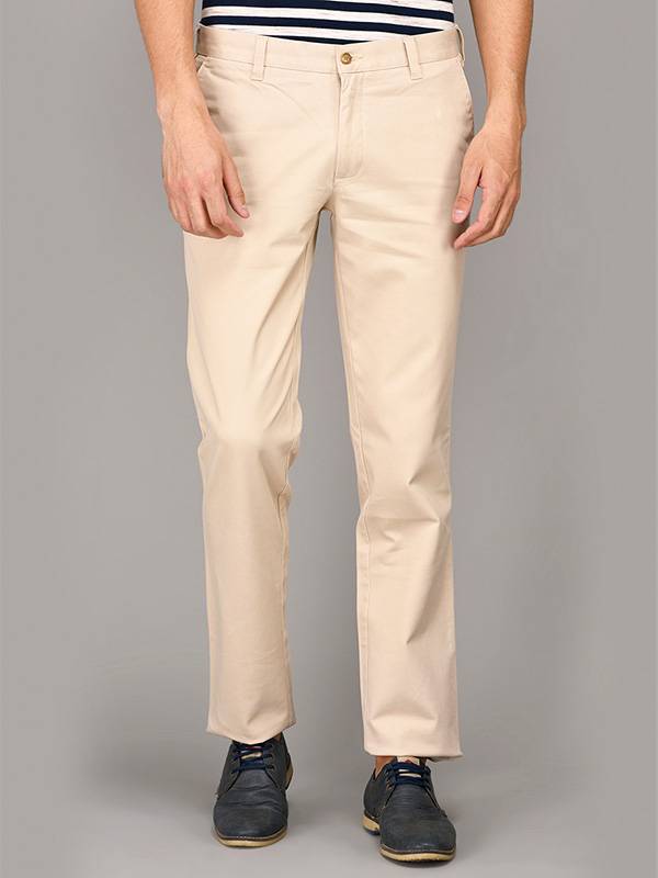 JadeBlue Cream Self Textured Regular Fit Casual Trouser