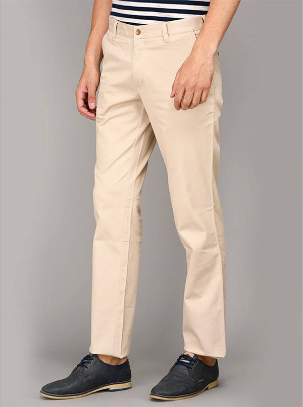 JadeBlue Cream Self Textured Regular Fit Casual Trouser