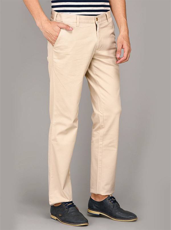 JadeBlue Cream Self Textured Regular Fit Casual Trouser