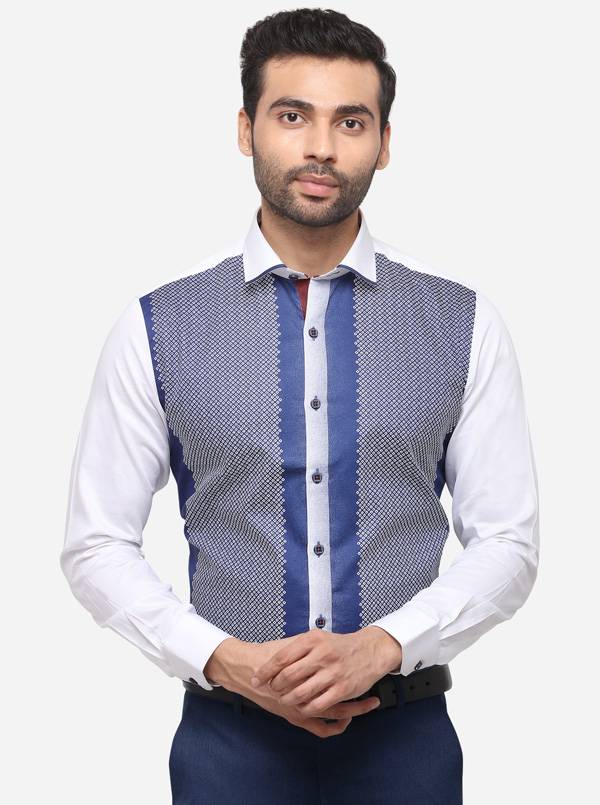 White & Blue Printed Slim Fit Party Wear Shirt | JB Studio