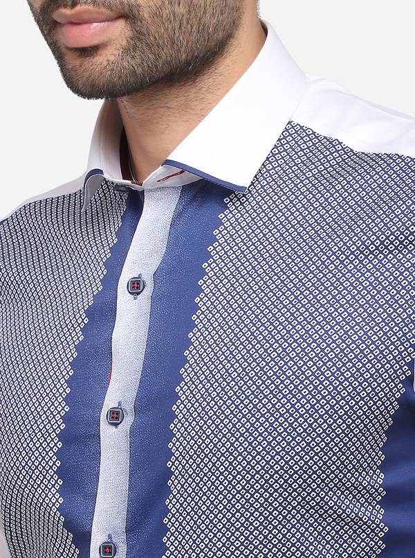 White & Blue Printed Slim Fit Party Wear Shirt | JB Studio