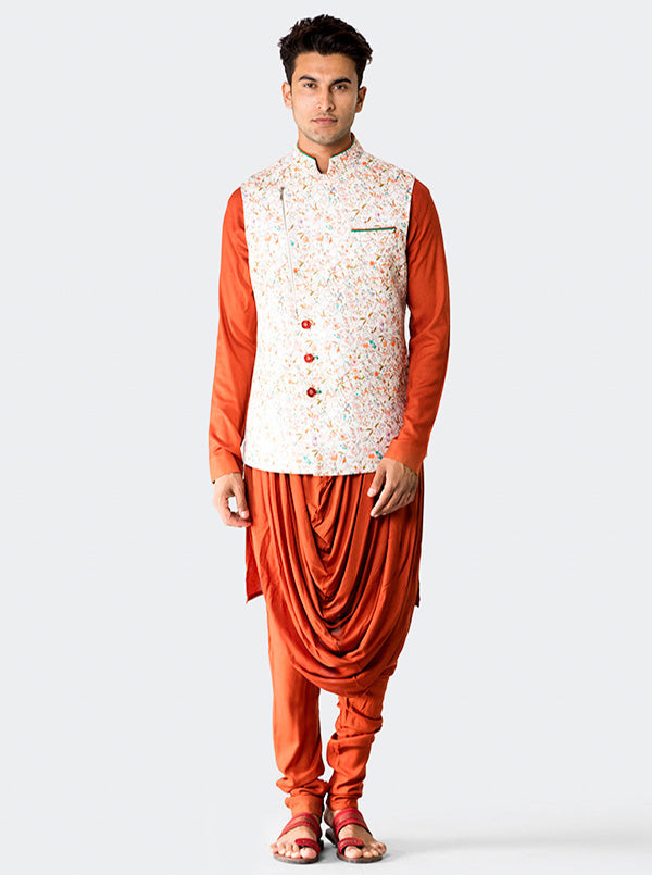 Orange Kurta with Cream Koti