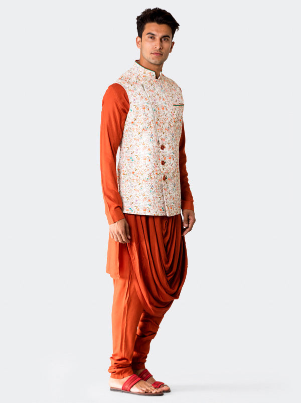 Orange Kurta with Cream Koti