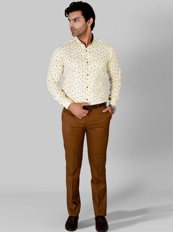 Cream & Green Printed Slim Fit Party Wear Shirt | Greenfibre