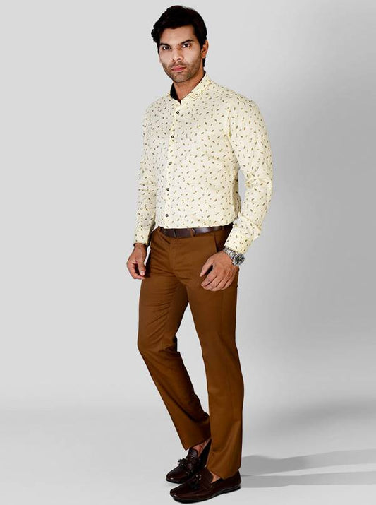 Cream & Green Printed Slim Fit Party Wear Shirt | Greenfibre